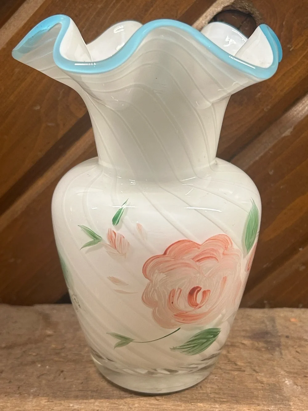 Vintage Fenton for Teleflora Hand-Painted White Optic Swirl Vase